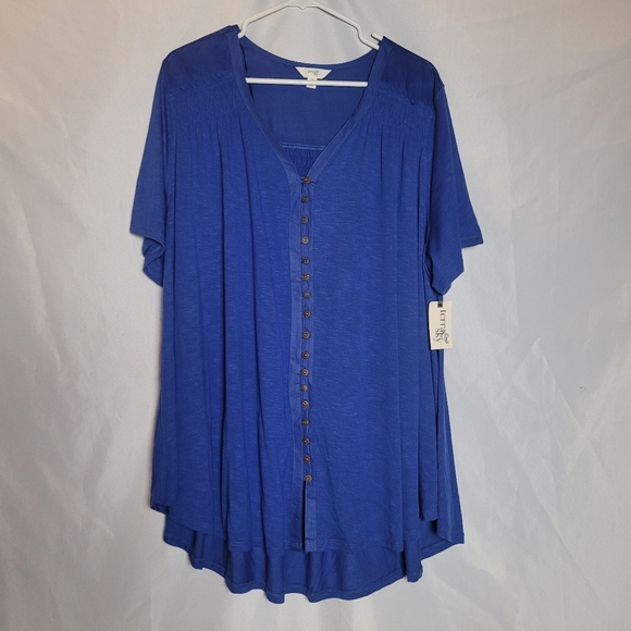 Terra & Sky Women's Royal Blue Button Front Short Sleeve Tunic Size 2X NWT - Picture 1 of 12